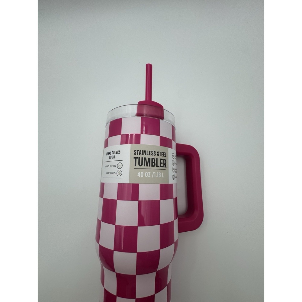 Stainless Steel 40oz Quencher H2.0 FlowState Tumbler Fuchsia Checker Pink NEW - Picture 6 of 7